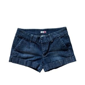 Body Central Y2K Low Rise Mini Shorts Sz 5 Dark Wash Denim Cuffed Pockets